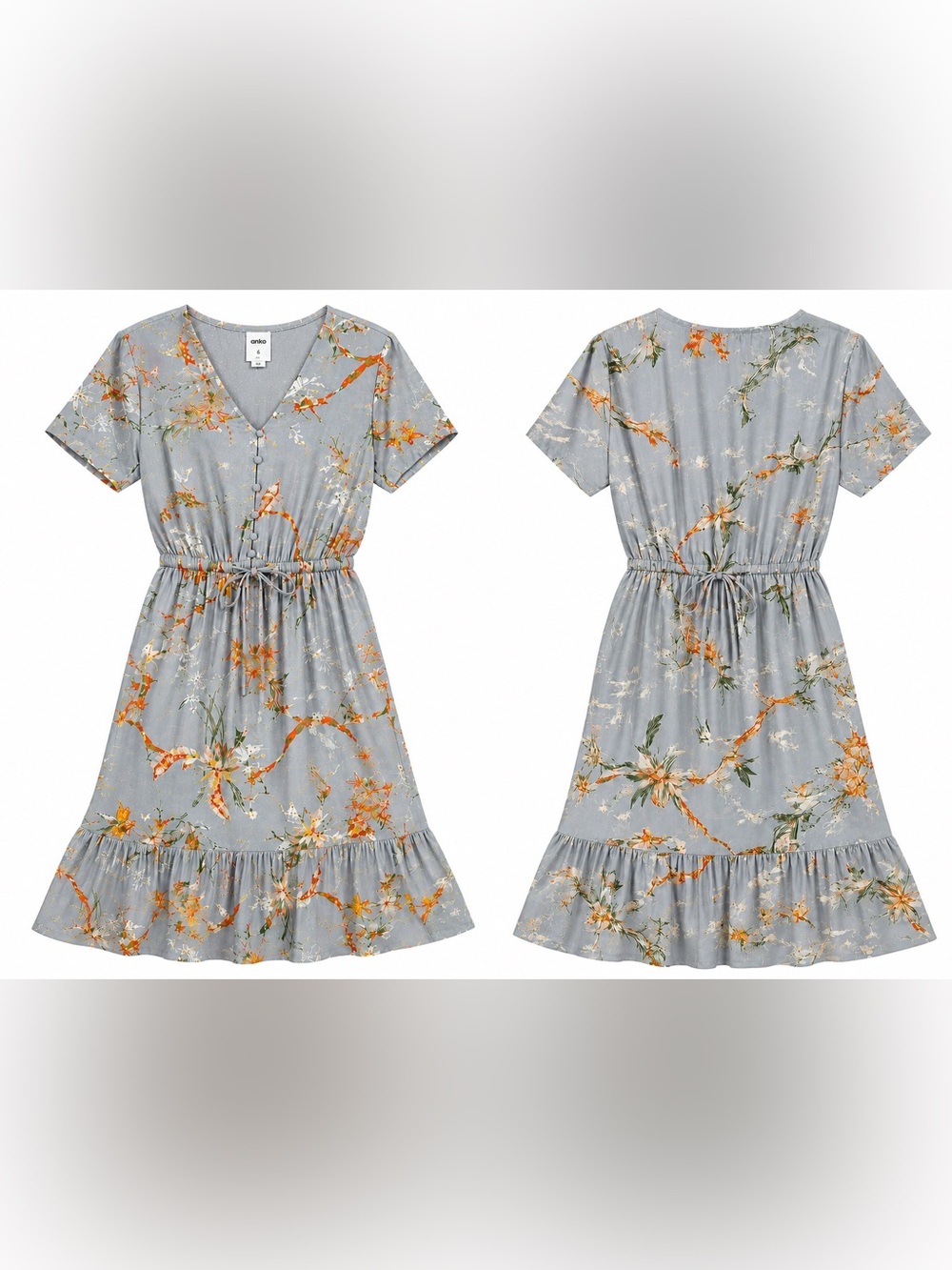 ANKO Floral V-Neck Button Front Tie Waist Midi Dress Blue Grey Sz 2 Ruffle - Picture 2 of 16